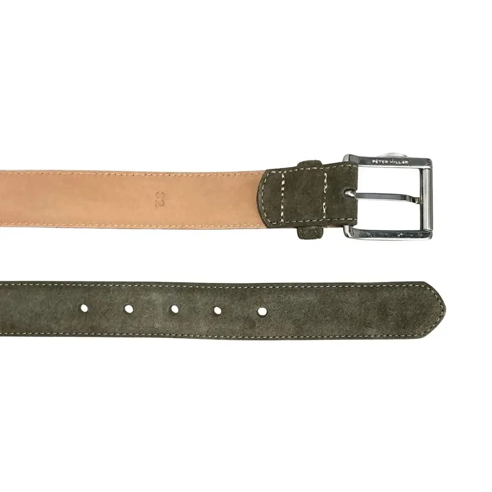 Peter Millar Excursionist Olive Green Velvety Suede Polished Silver Belt Size 32